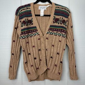 Vintage Jantzen Hand Embroidered Tan Cable Knit Button Up Cardigan Granny Core